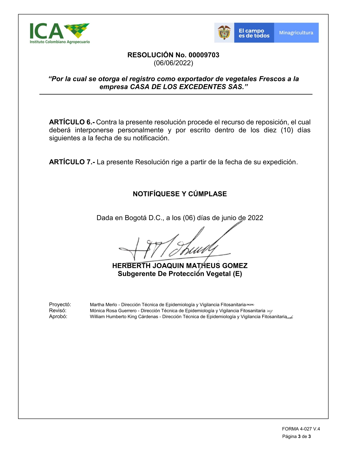 Certificado del Instituto Colombiano Agropecuario (ICA) para exportación de café.