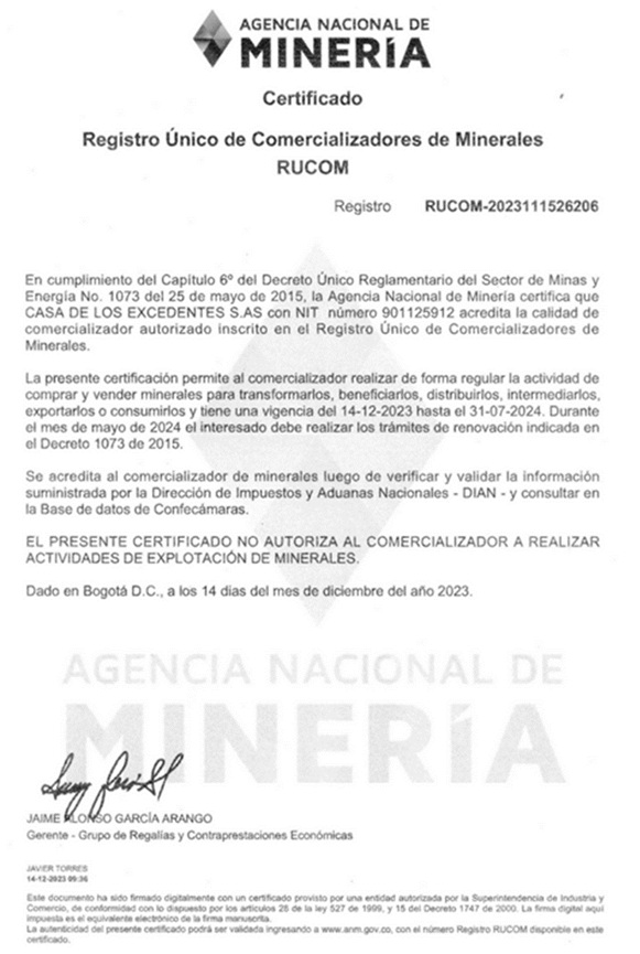 Certificado de Registro Único de Comercializadores de Minerales (RUCOM).