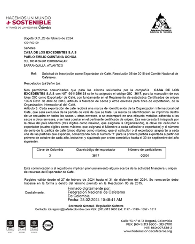 Registro de Exportador de Café de la Federación Colombiana de Cafeteros.