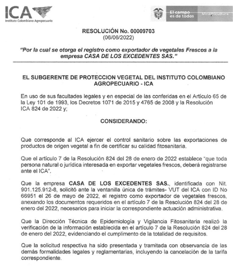 Página 1 de la Resolución ICA No. 00009703 como exportador de vegetales frescos.